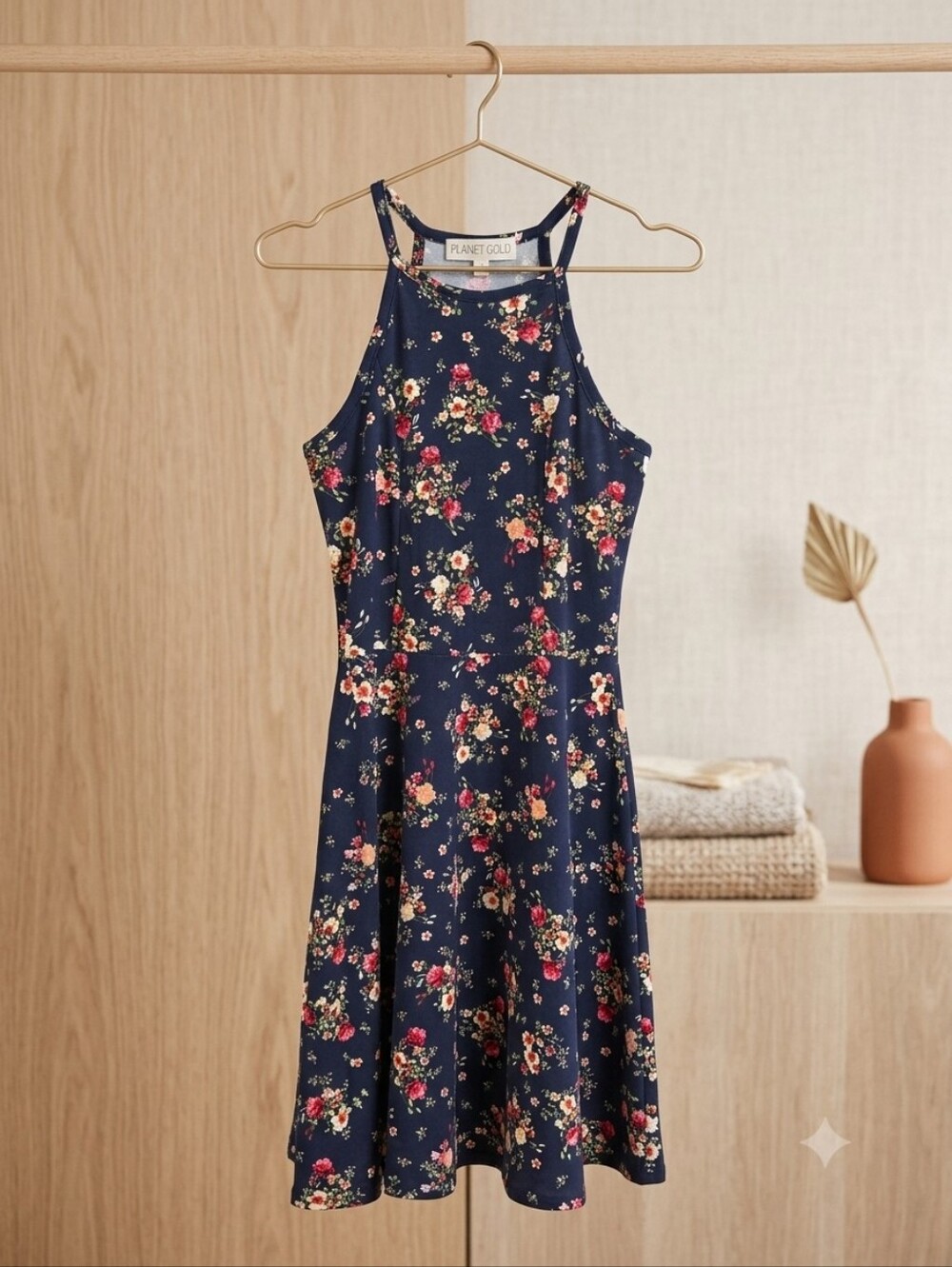 Rainbow Navy Floral Midi Dress with Pink & Cream Blooms
